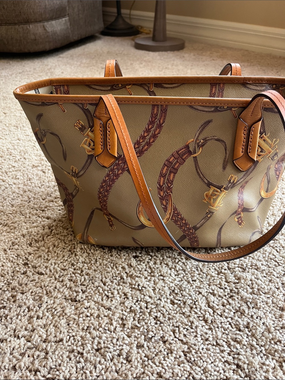 Designer-Style Tan Printed Tote Bag by Ralph Lauren